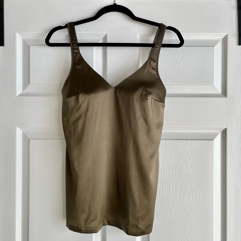 Brunello Cucinelli Beaded Olive Green V-Neck Silk Tank